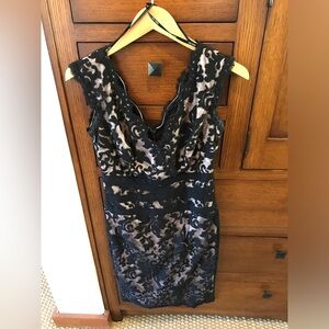 Tadashi Shoji -Black Lace Overlay Cocktail Dress with Nude Lining -